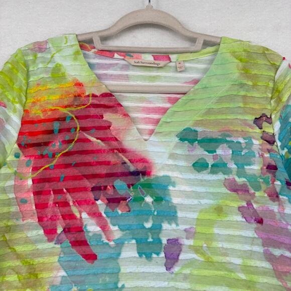 Soft Surroundings Blouse Top Size M Rainbow Floral Textured 3/4 Sleeve Stretch - Picture 2 of 11